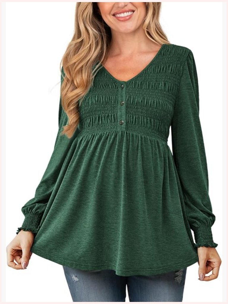 Maternity Babydoll Top Long Puff Sleeve V Neck Smocked Ruched Blouse